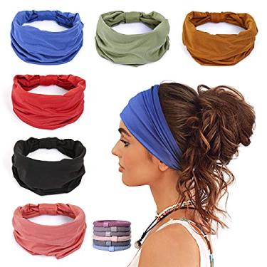 Imagem de GiLi Pacote com 6 faixas de cabelo largas para mulheres, antiderrapantes, macias, elásticas, ioga, corrida, esportes, treino, academia, cabeça, bandana, turbantes africanos, pano de algodão atado (com