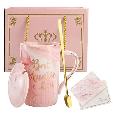 Imagem de Hedume Caneca Best Auntie Ever, copo de café de cerâmica de mármore rosa de 355 ml com caixa de presentes e cartão de felicitações, presentes de tia de sobrinha e sobrinho, engraçados para tia
