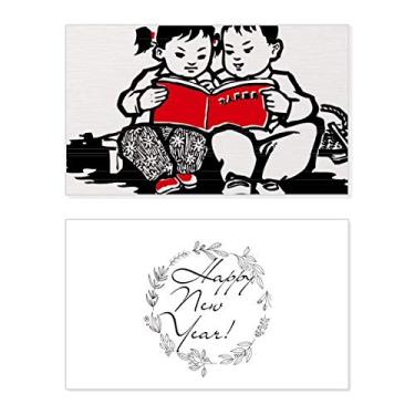 Imagem de Menino menina banco livro patriotismo China ano novo festival cartão de felicitações mensagem presente