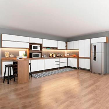 Imagem de Cozinha Modulada Moderna Completa com Bancada Ilha 14 Peças MDP Branco Avelã MENU