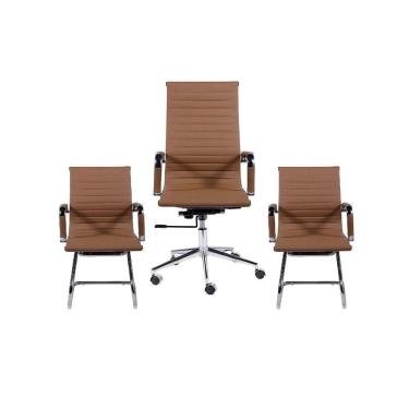 Imagem de Kit 3 Cadeiras De Escritório Esteirinha Charles Eames Couro