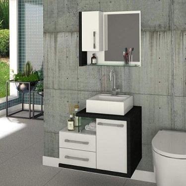 Imagem de Gabinete para Banheiro 1 Porta 2 Gavetas com Cuba Q35 e Espelheira Legno 650W Siena Móveis Branco/Preto Onix