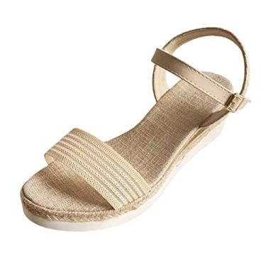 Imagem de Sandálias femininas de plataforma moda feminina verão tecido boêmio bico aberto salto inclinado sandálias de fivela inferior grossa (bege, 35)