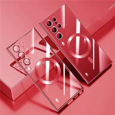 Imagem de MVVKKY Capa de carregamento magnética sem fio revestida à prova de choque para Samsung S23 Ultra S23 S22Ultra S21 Plus Tampa traseira de vidro com lente transparente, vermelha, para Samsung S22