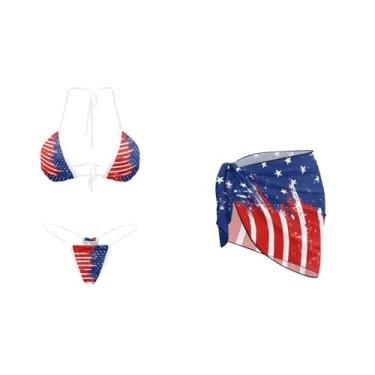 Imagem de Yewattles Conjunto de biquíni triangular, 3 peças, com saída de sarongue para mulheres, biquíni com cordão de amarrar no pescoço, Bandeira dos EUA, XXG