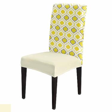 Imagem de Savannan Capas de cadeira de sala de jantar, padrão marroquino amarelo, cinza, branco, esticável, capas de cadeira Parsons, capa protetora removível para cadeira de cozinha para sala de jantar,