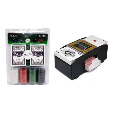 Imagem de Kit Poker 108 Cartas E 100 Fichas + Embaralhador Baralho