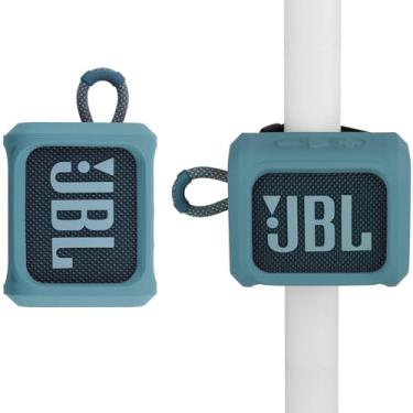 Imagem de TXesign Capa de silicone para alto-falante portátil JBL Go 3 com alça removível para bicicleta, carrinho de golfe, viagem, capa protetora para alto-falante (azul celeste)