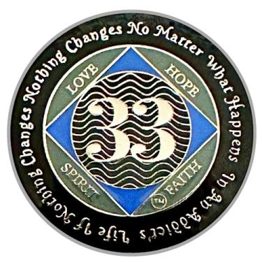 Imagem de (Anos 1-55) Medalhão NA de 33 anos, prata, cor azul, moeda coberta com epóxi Narcóticos Anônimos (NA 33 anos)