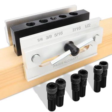 Imagem de PRIDE&CRAFT Gabarito de cavilha autocentralizante, kit de gabarito de cavilha com 6 buchas de guia de broca, conjunto de ferramentas de marcenaria, gabarito de cavilha de largura ajustável para furos