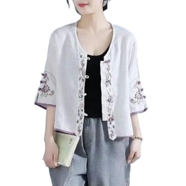 Imagem de JYHBHMZG Camisa de algodão retrô bordada com botão de nó feminino verão chinês zen vestido de chá solto curto gola V top, Branco, P