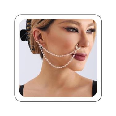 Imagem de Zeshimb Anel de nariz falso punk argola cristal strass piercing de nariz com corrente borla não perfurante folha oca nariz a orelha joia anel de nariz indiano brincos narina acessórios para o corpo