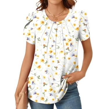 Imagem de Anyhold Blusa feminina de verão com manga de pétala, camisas elegantes e casuais, blusas plissadas para negócios, túnica, Flor azul dourada, XXG