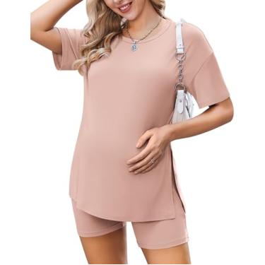 Imagem de Ekouaer Pijamas femininos para gestantes 2 peças roupas de manga curta camisas e shorts loungewear gravidez roupas de mamãe, Rosa sujo, P