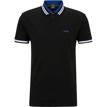 Imagem de BOSS Camisa polo masculina de algodão Paddy 2 da Hugo com logotipo Constrast 50505823, Preto, G