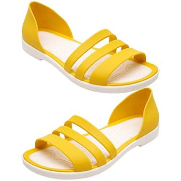 Imagem de Sandálias femininas elegantes de verão de largura larga sandálias de praia ao ar livre sapatos ortopédicos para mulheres sandálias de couro planas, Amarelo, 7.5 3X-Narrow