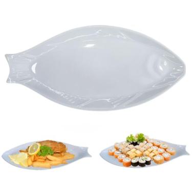 Imagem de Travessa Forma De Peixe Oval Melamina Premium Gourmet Branca Retangular para Servir Mesa Sushi Restaurante Buffet Pesqueiro Elegante e Resistente 39cm.