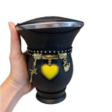 Imagem de Kit Chimarrão: Cuia de Porongo Revestida, Pulseira/Choker - Diversas Cores (Preto coração amarelo)