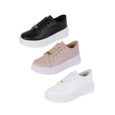 Imagem de Kit Tênis Casual Feminino Confortável Plataforma Branco Preto Nude Bellinda Shoes (Multicolorido, BR, Adulto, Numérico, 34)