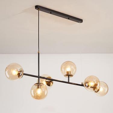 Imagem de Lustre moderno de globo de vidro com 6 luzes, lustres industriais de meados do século, luminária pendente de teto linear, luz suspensa de metal com abajur de bola de vidro para sala de estar