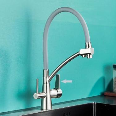 Imagem de Torneira de pia de cozinha, torneira, filtro de água pura, misturador, guindaste, alças duplas, purificação, torneira de cozinha quente e fria, mangueira cinza escovada