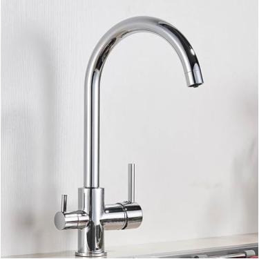 Imagem de Torneira de cozinha com filtro cromado, torneira de cozinha para água potável pura, montada no deck, alças duplas, misturador de água quente e fria de 3 vias, cromado B