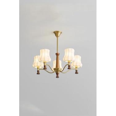 Imagem de Lustre Sputnik moderno de metal dourado vintage cilíndrico decoração de madeira luz pendente de tecido rodado meados do século luz suspensa para sala de estar