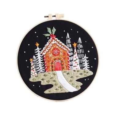 Imagem de UGPLM Pacote de material para kit de bordado de Natal, incluindo linhas coloridas de bastidor, conjunto de costura artesanal para iniciantes, Casa de Natal