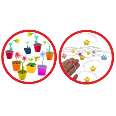 Imagem de Kit 100 Brinquedinhos Nacional para Sacolinha Surpresa Mimos Lembrancinhas Dia das crianças Natal (50 Vaso flor 50 Pulseiras flores)