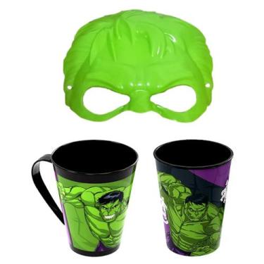 Imagem de Kit Máscara Super Herói Verde Infantil Copo e Caneca do Hulk - Plasúti