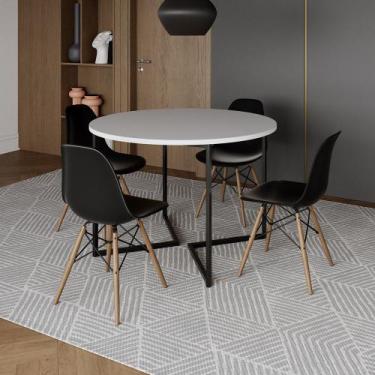 Imagem de Mesa Jantar Industrial Redonda 110cm Branca Base V Ferro Preto com 4 C