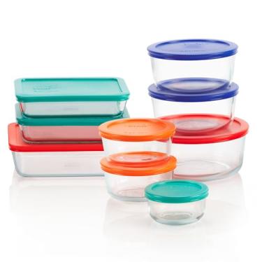 Imagem de Pyrex Conjunto de recipientes de alimentos retangulares e redondos de vidro para refeições Simply Store (18 peças, livre de BPA), multicolorido