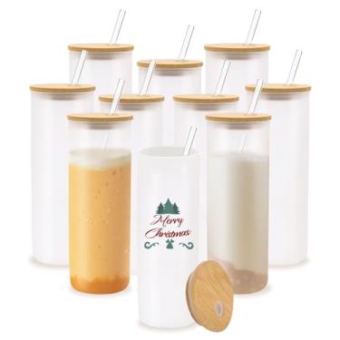 Imagem de YOUKE OLA Pacote com 10 copos de vidro liso de sublimação em branco skinny, copo de vidro fosco com tampa de bambu e copos de canudo de vidro para prensa térmica de 740 ml