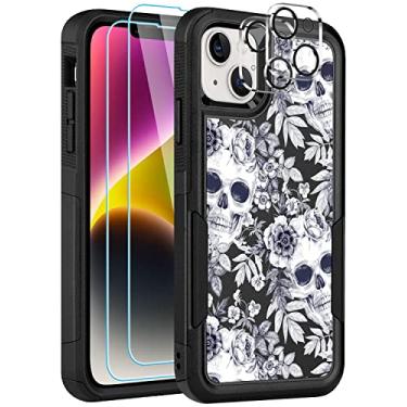 Imagem de LOQUPE [Capa 5 em 1 para iPhone 14 Plus, com 2 protetores de tela + 2 protetores de lente de câmera, capa protetora resistente e resistente, leve e à prova de choque para mulheres e meninas, caveira fofa