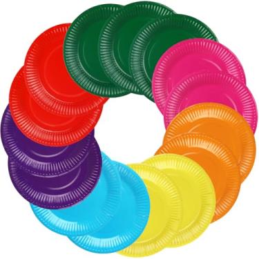 Imagem de Thenshop 300 peças de pratos de jantar de papel coloridos, pratos descartáveis de festa, pratos de papel, 18 cm, redondo, faça você mesmo, prato de papel colorido para sobremesa, bolos e artigos de