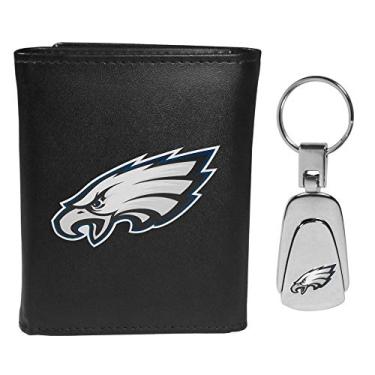Imagem de Siskiyou Sports NFL Philadelphia Eagles Carteira masculina com três dobras e chaveiro de aço, preto, tamanho único