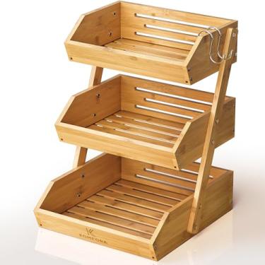Imagem de KOMFORA Cesta de frutas de bambu de 3 camadas - Cesta de produtos premium para cozinha com 2 cabides - Suporte durável e fácil de montar para bancada - Suporte perfeito para legumes, pão, lanches e