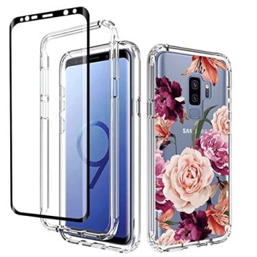 Imagem de Yerebel Capa para Galaxy S9+, S9 Plus G965U com protetor de tela de vidro temperado, design floral à prova de choque, capa protetora para celular para Samsung Galaxy S9 Plus (flor roxa)