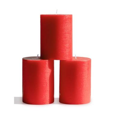 Imagem de CANDWAX Conjunto de 3 velas vermelhas com pilar vermelho de 7 x 10 cm - Velas vermelhas rústicas sem cheiro para ambientes de férias, casamentos, eventos, decoração de casa, decorações de Natal