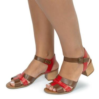 Imagem de Sandália de Salto em Couro Café Vermelho - Flor D Couro, 34