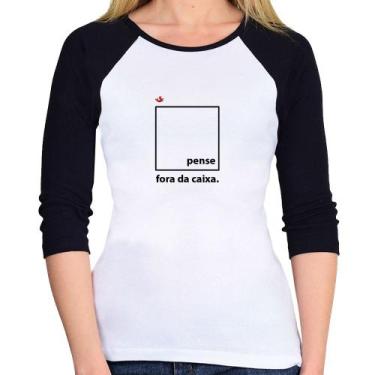 Imagem de Baby Look Raglan Pense fora da caixa Manga 3/4 - Foca na Moda, Branco,