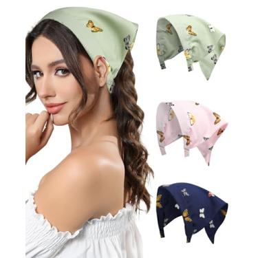 Imagem de AWAYTR Bandana de cabelo com 3 peças, para mulheres, meninas, cachecol, bandana, camada dupla, triângulo, cabeça, lenço, faixa de cabelo Boho, Borboleta - Verde / Azul / Rosa, 3 Count (Pack of 1)