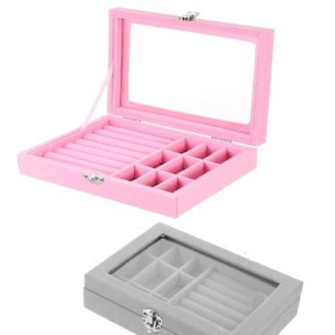 Imagem de Porta Jóias Grande Veludo Maletinha Organizadora Anéis Pulseira Tampa 