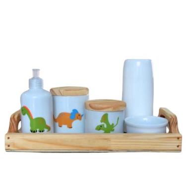 Imagem de Kit higiene bebê Dinossauro 6 peças - Bandeja, potes, porta álcool e m