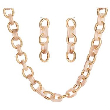 Imagem de CENAPOG Colar de corrente banhada a ouro em dois tons, brincos pendurados, corrente cubana, conjunto de joias grossas para mulheres e meninas