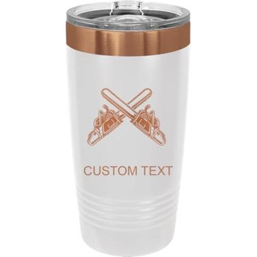 Imagem de Motosserra, copo de aço inoxidável personalizado gravado a laser 590 ml café de viagem branco/ouro rosa banhado a íon parede dupla carro viagem caminhão anel caneca personalizável, tampa deslizante