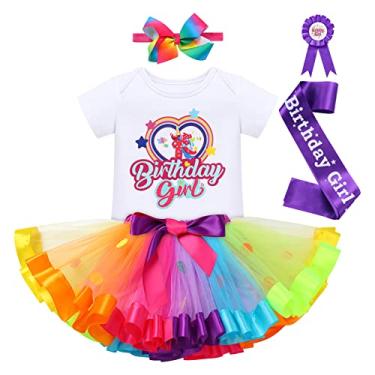 Imagem de Roupa de aniversário de um ano para meninas, faixa de cabeça de unicórnio Bbay infantil, macaquinho, distintivo, vestido tutu e faixa de cetim, arco-íris, unicórnio, pônei, fantasia, bolo esmagado, aniversário, vestido chique, arco-íris - 1º aniversário menina 1T