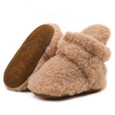 Imagem de Botas de lã infantis para bebês recém-nascidos, confortáveis, macias, antiderrapantes, para bebês, meias de inverno, quentes, primeiros caminhadas, sapatos para berço, A_khaki, 6-12 Months Infant