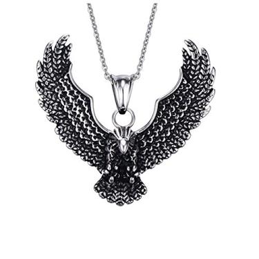 Imagem de JAJAFOOK Colar masculino gótico tribal de aço inoxidável com pingente de águia falcão, corrente de 50,8 cm, prata com preto, Aço inoxidável, Zircônia cúbica