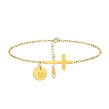 Imagem de Mauzew Tornozeleira feminina com inicial dourada delicada à prova d'água com cruz dourada personalizada A-Z Moeda Disco Letra Tornozelo Pulseira Verão Praia Joias Presentes Amizade, one size, Aço